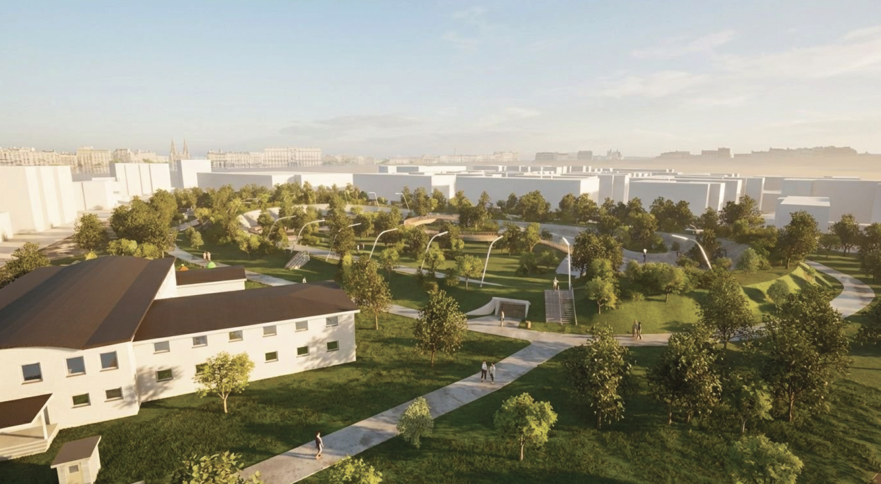 Canopy Park. The park opens into a broad sequence of lawns, pathways, and lightly framed gathering areas.