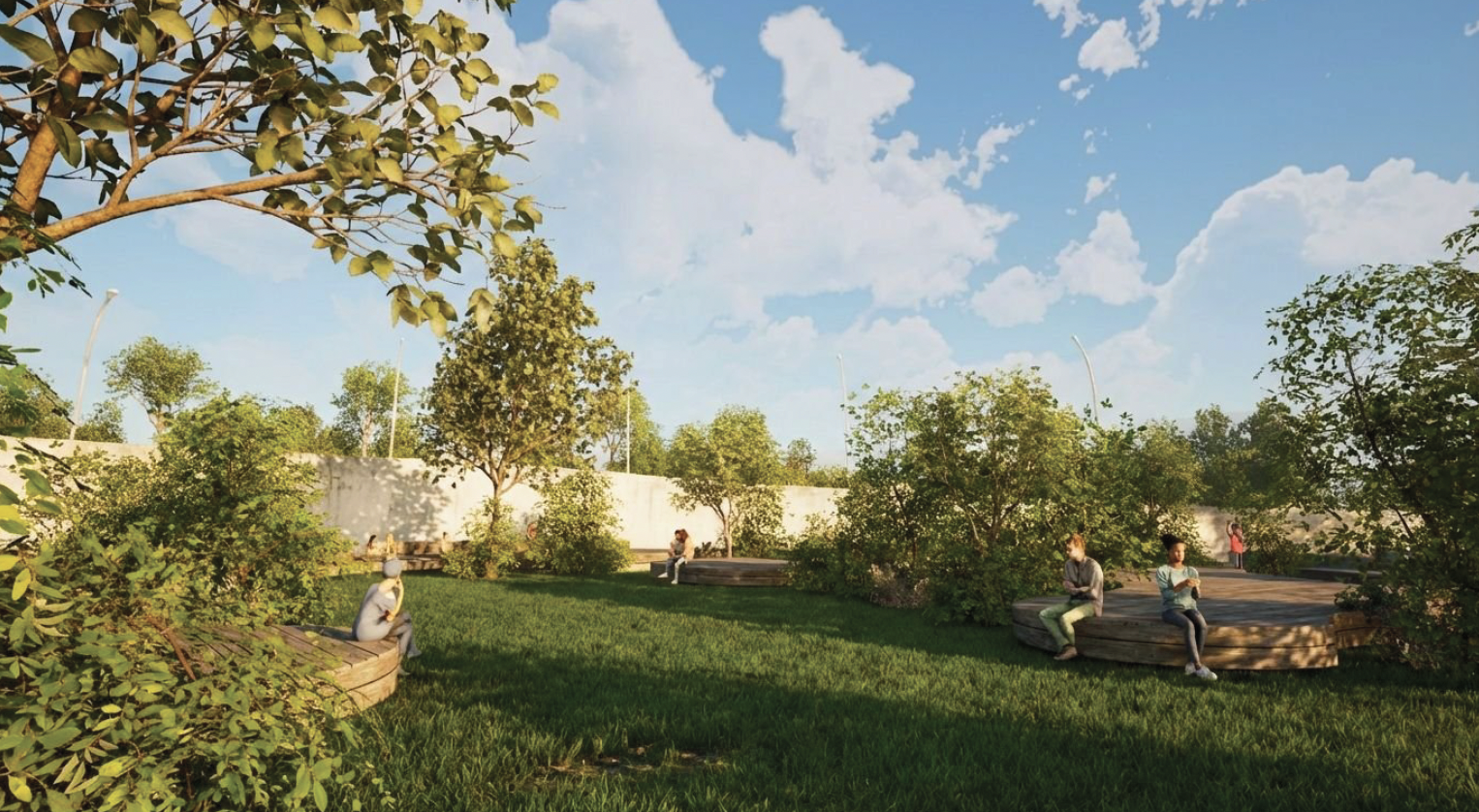 Canopy Park. Lower garden rooms create quiet places for sitting, reading, and short pauses in the shade.