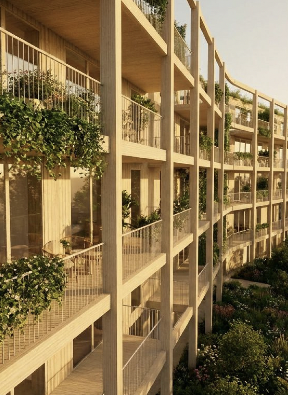 Timber Courtyard Housing. Corner balconies and open frames make the housing feel porous rather than sealed.