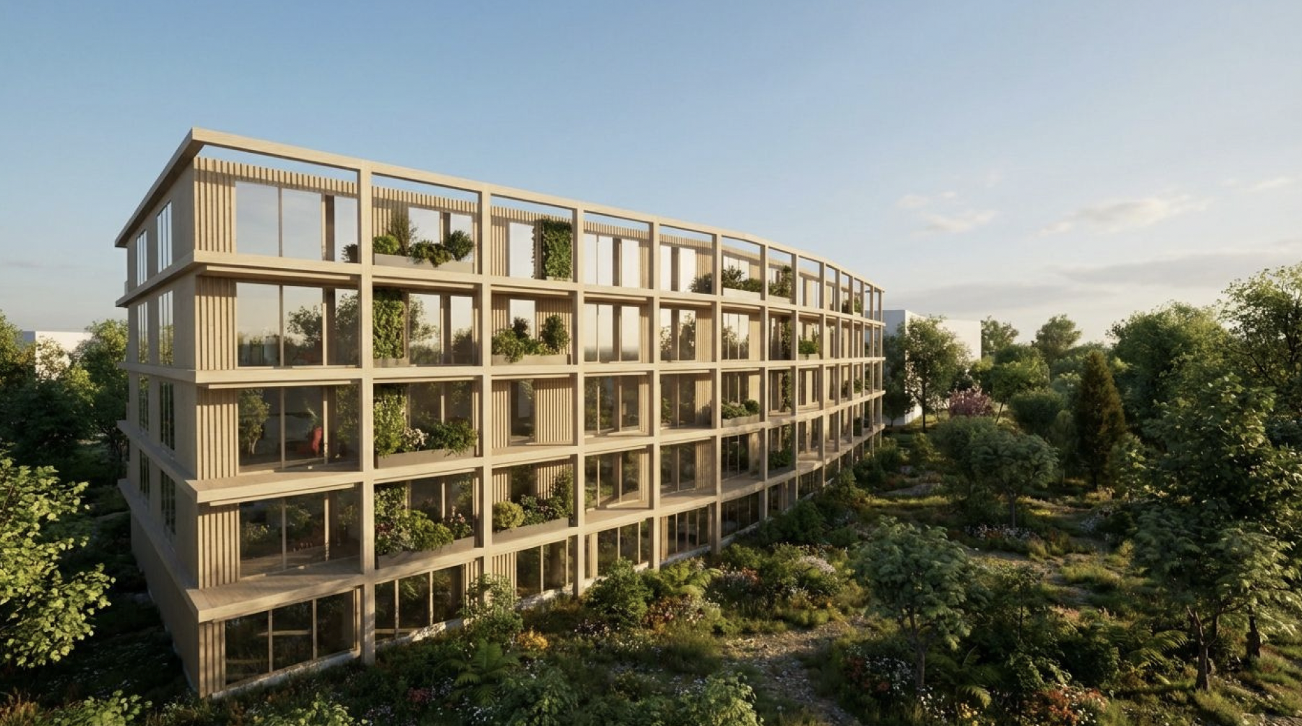 Timber Courtyard Housing. The curved facade frames deep balconies and planted edges that soften the scale of the block.