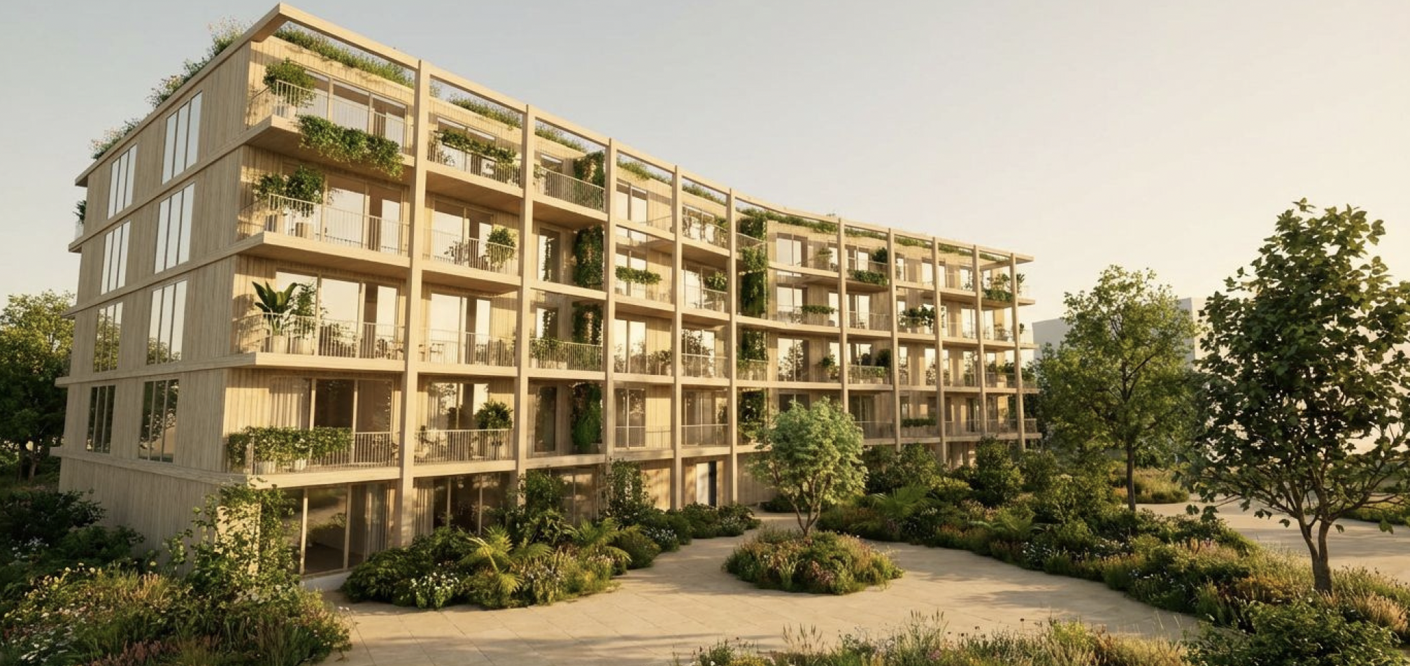 Timber Courtyard Housing. Long elevations reveal a clear structural rhythm and a carefully layered garden foreground.